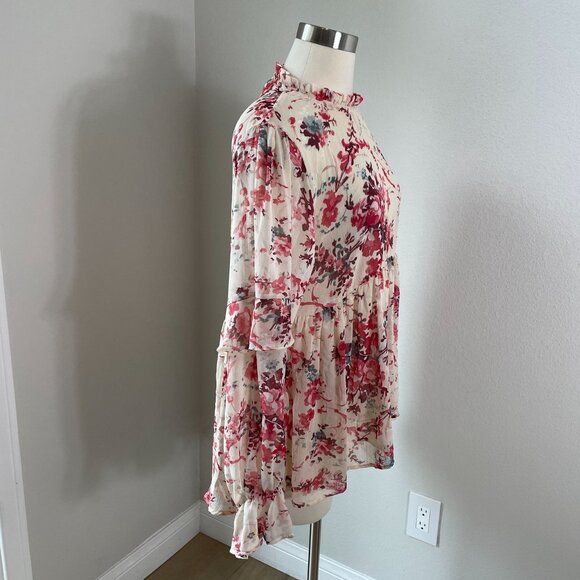 Sundance Womens Large Sheer Floral Peplum Top Ruffle Detail Long Sleeve Blouse - Picture 5 of 12